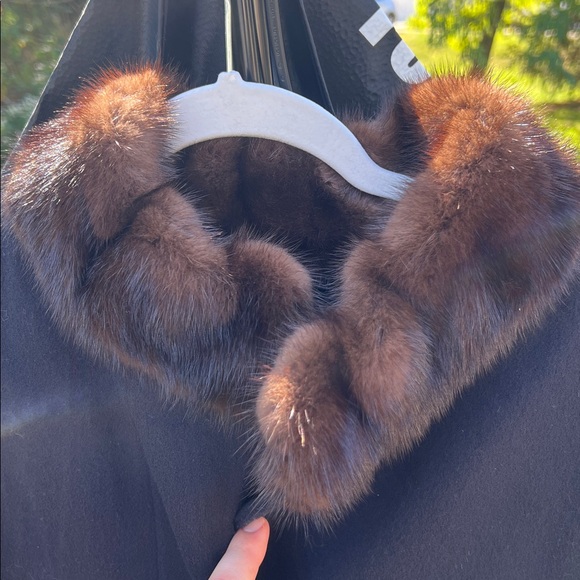 Vintage Marvin Richards USA Full Length Navy Pea Coat Winter Coat Brown Fur Trim - Picture 5 of 17